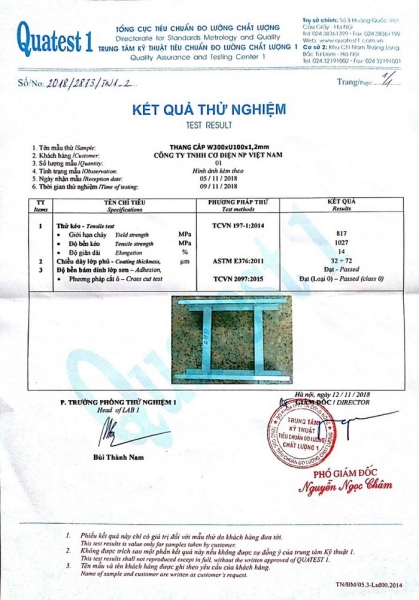 Kết quả thử nghiệm thang - Thang Máng Cáp NP - Công Ty TNHH Cơ Điện NP Việt Nam